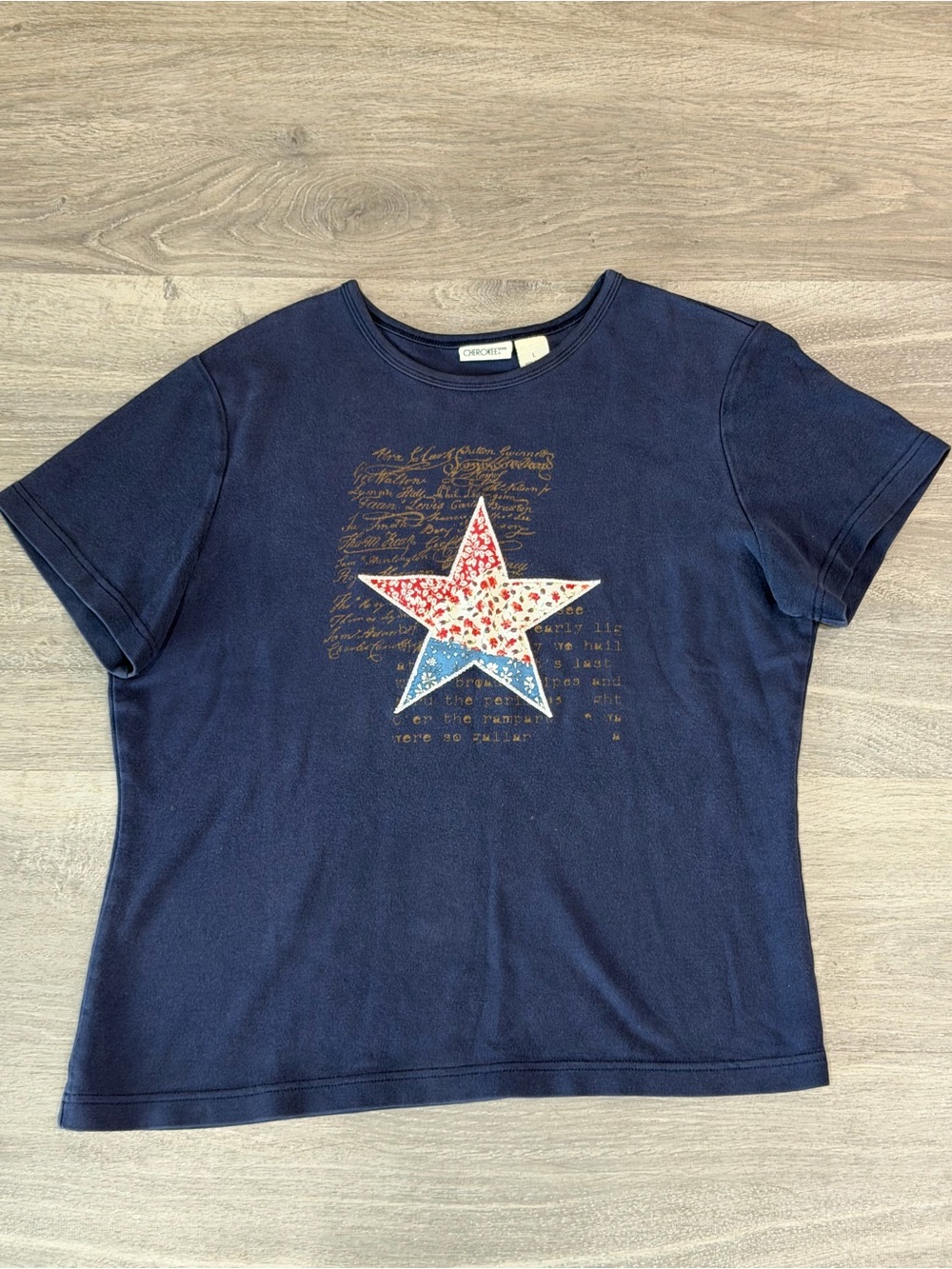 Vintage Cherokee Navy Blue Star Tee Americana Floral Patchwork Large 90s Y2K